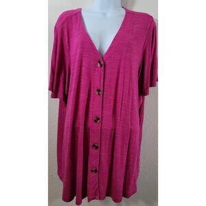 A.N.A Fuchsia Pink Slub Knit Button V Neck Top 3X Lightweight Soft Stretchy